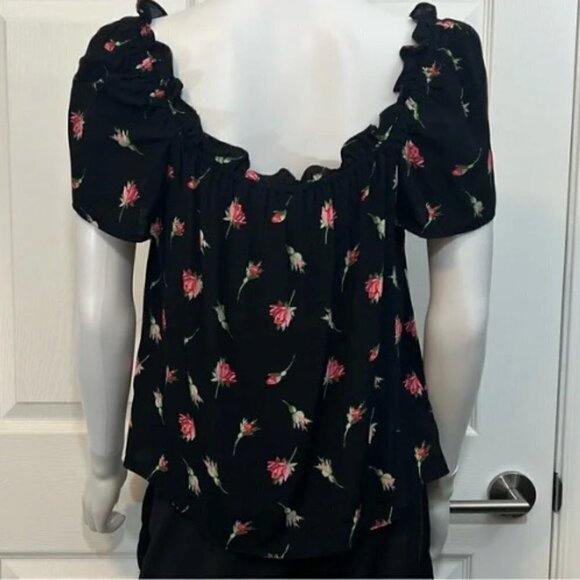 OASIS NWT Rose/Black Print short sleeve elastic ruffled neck viscose breathes 12 - Picture 6 of 16